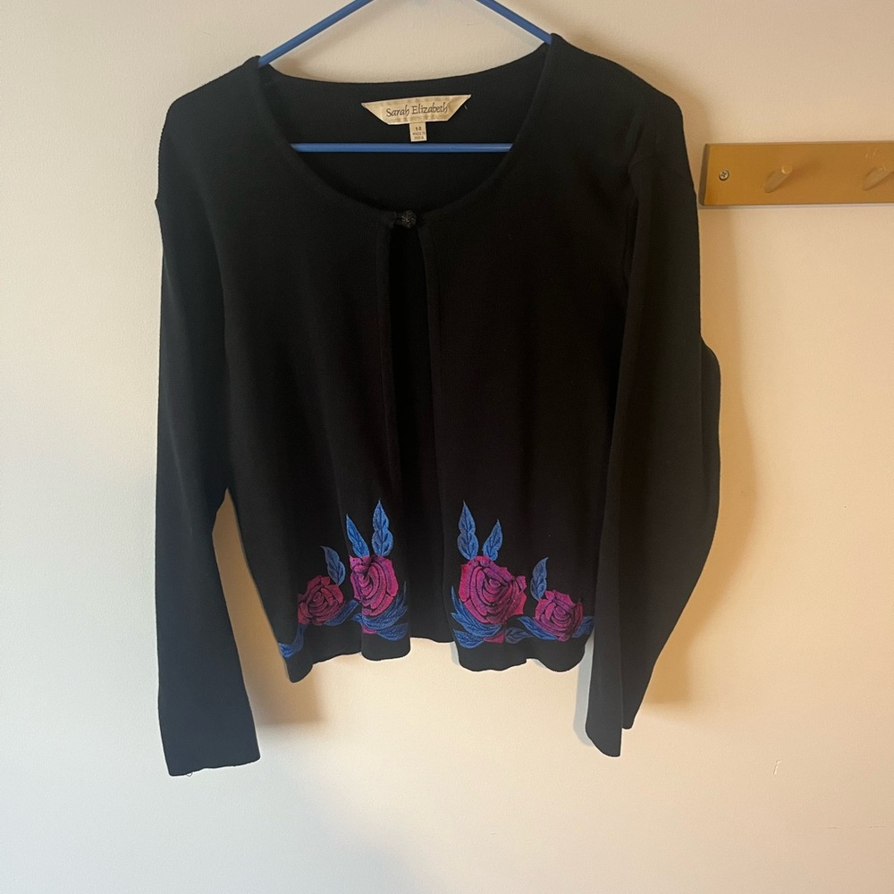 Sarah Elizabeth Black Cardigan with Pink and Blue Embroidery, size L